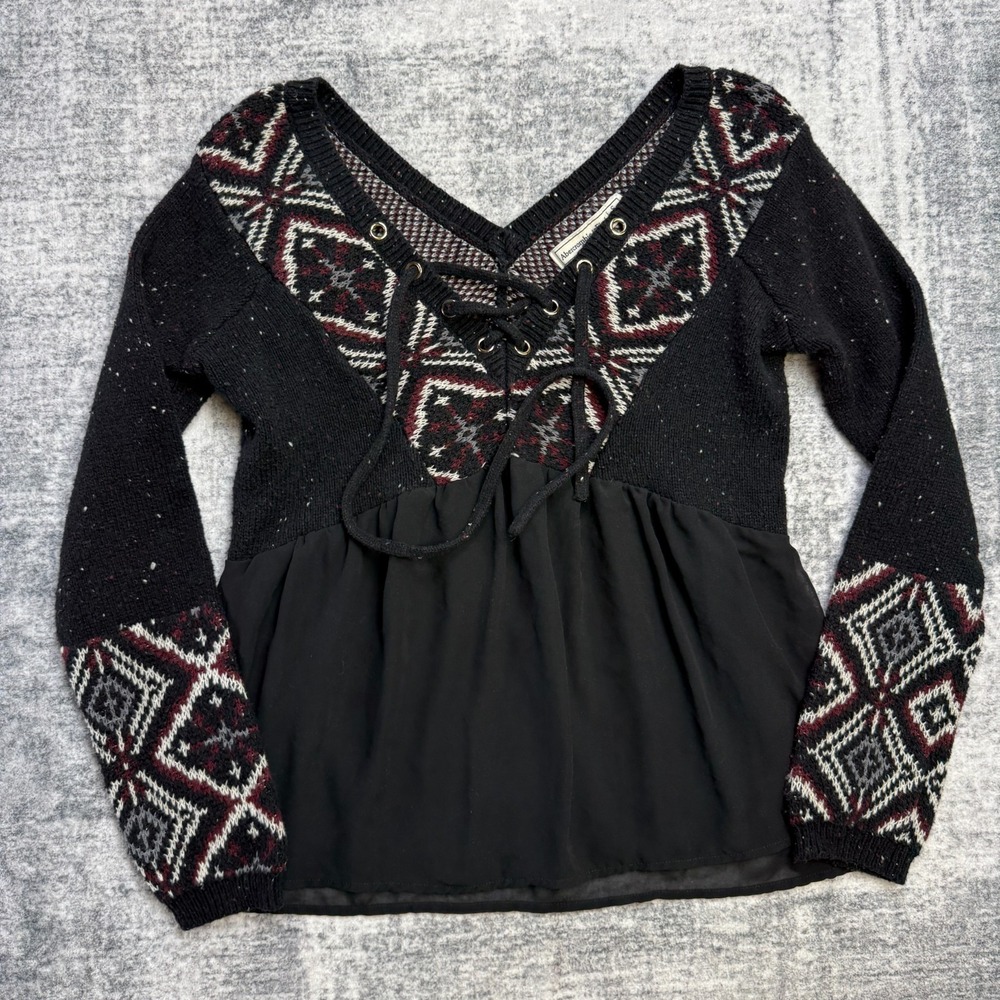 Abercrombie Fitch Top Womens‎ Small Black Mixed Media Sweater Babydoll Fair Isle